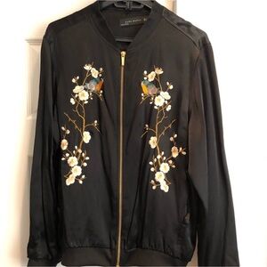 Zara Black Bomber Jacket with Floral Embroidery